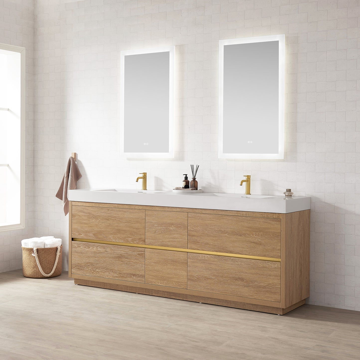 Vinnova, Huesca 84" Double Sink Bath Vanity in North American Oak with White Composite Integral Square Sink Top
