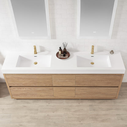 Vinnova, Huesca 84" Double Sink Bath Vanity in North American Oak with White Composite Integral Square Sink Top
