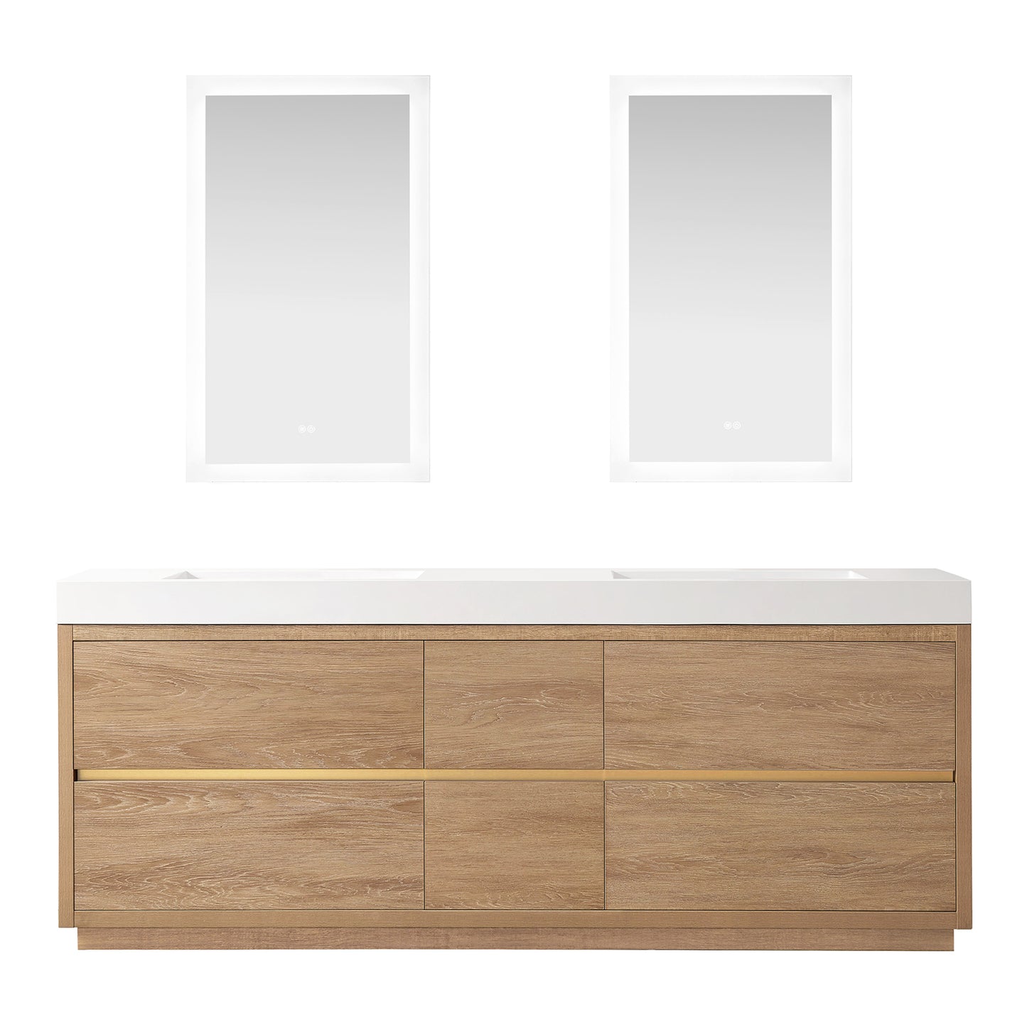 Vinnova, Huesca 84" Double Sink Bath Vanity in North American Oak with White Composite Integral Square Sink Top and Mirror