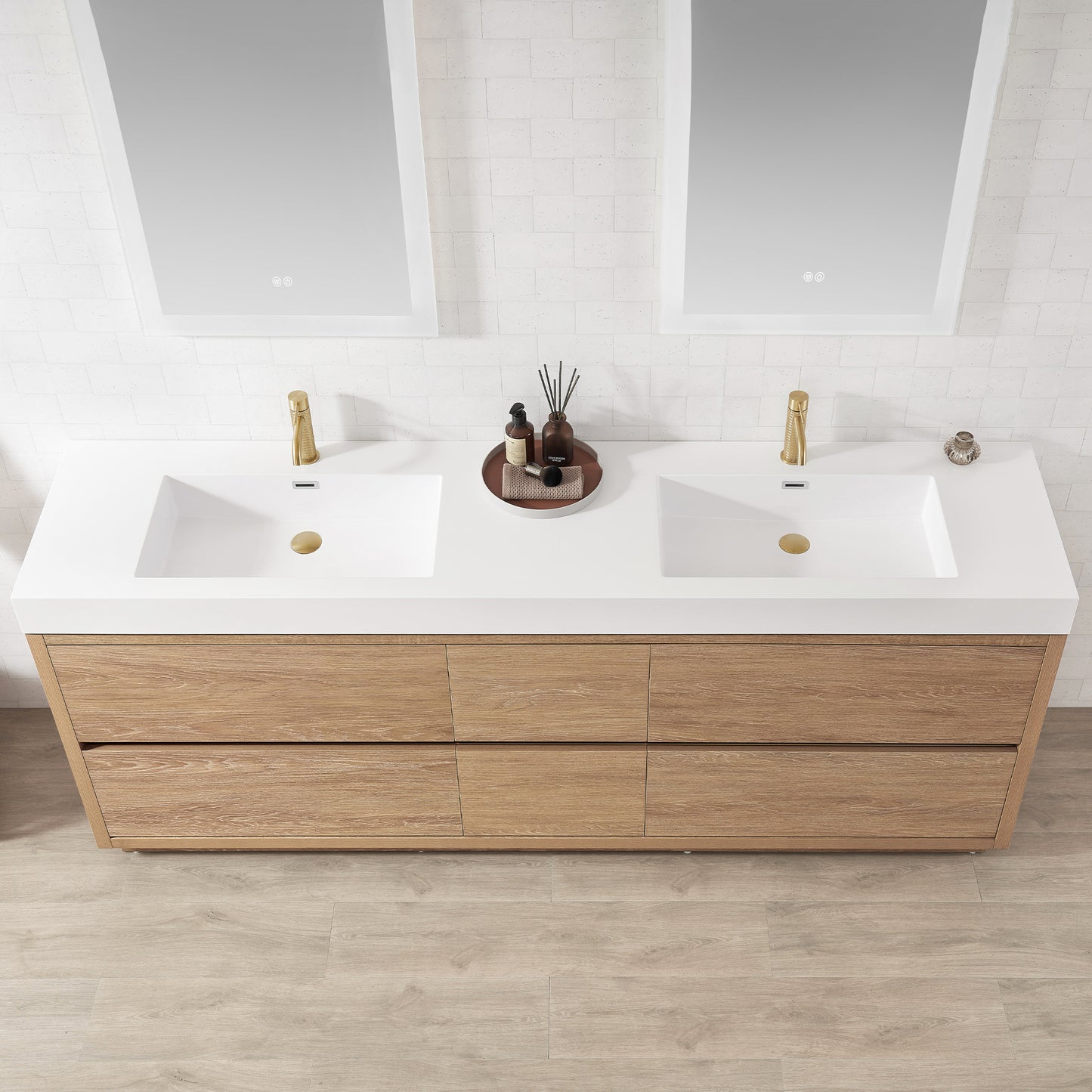 Vinnova, Huesca 84" Double Sink Bath Vanity in North American Oak with White Composite Integral Square Sink Top and Mirror