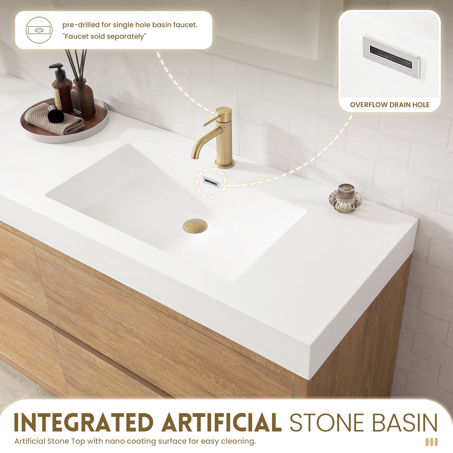 Vinnova, Huesca 84" Double Sink Bath Vanity in North American Oak with White Composite Integral Square Sink Top and Mirror