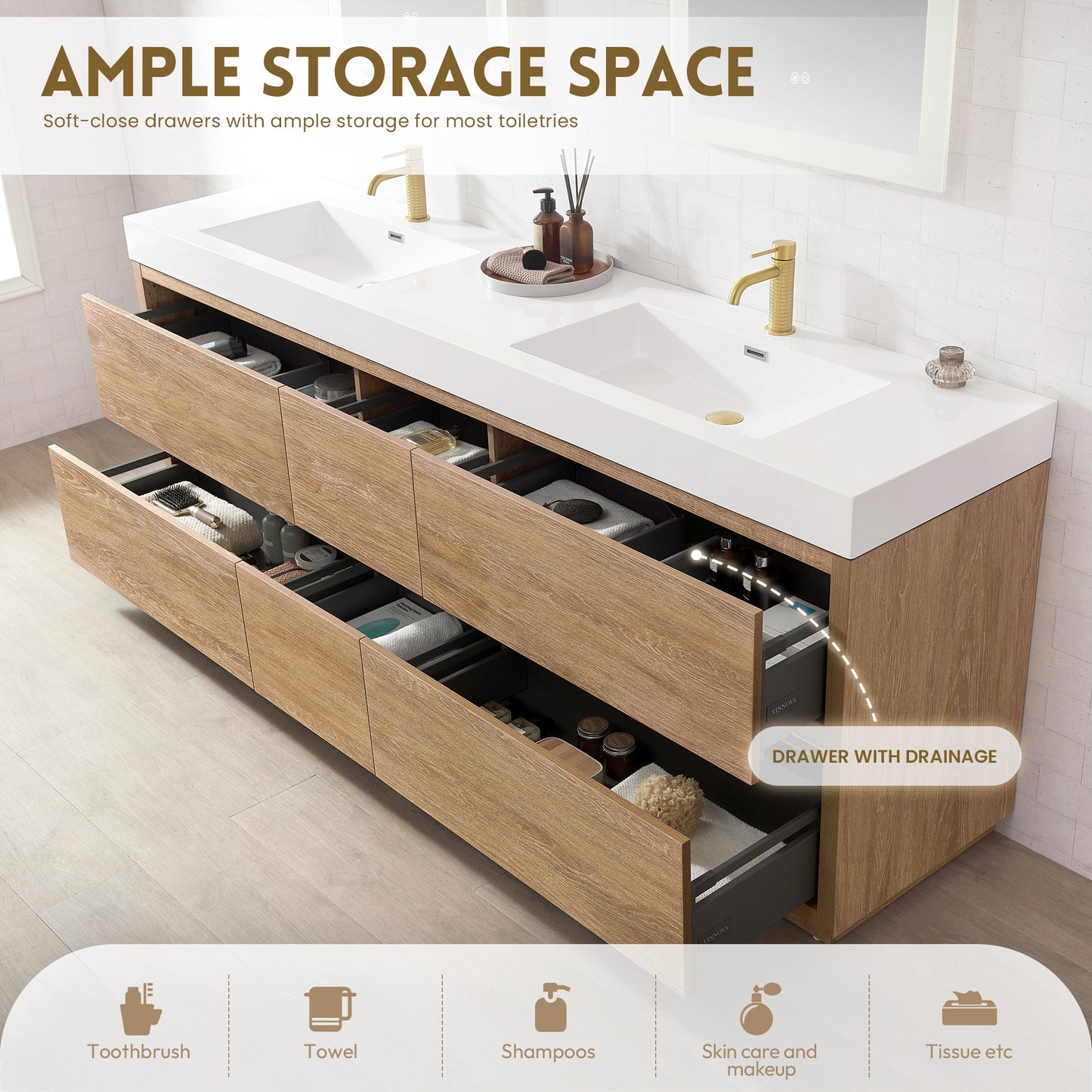 Vinnova, Huesca 84" Double Sink Bath Vanity in North American Oak with White Composite Integral Square Sink Top and Mirror