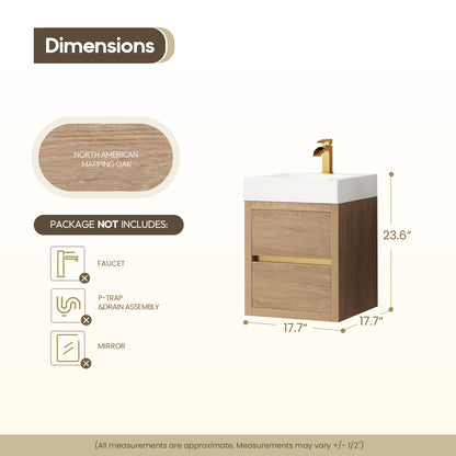 Vinnova, Palencia 18" Single Sink Wall-Mount Bath Vanity in North American Oak with White Composite Integral Square Sink Top