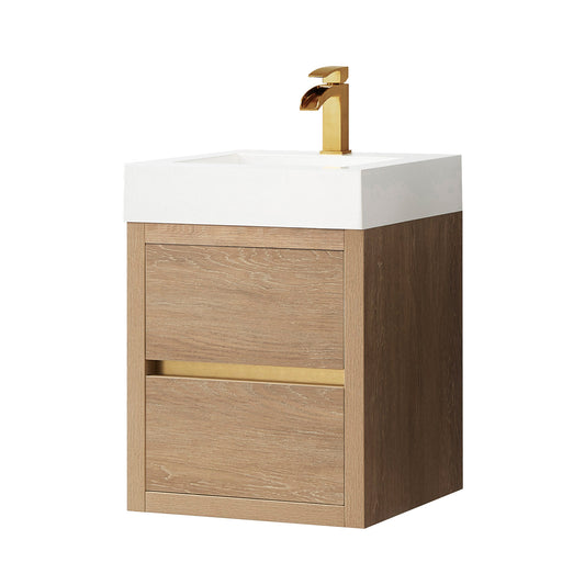 Vinnova, Palencia 18" Single Sink Wall-Mount Bath Vanity in North American Oak with White Composite Integral Square Sink Top