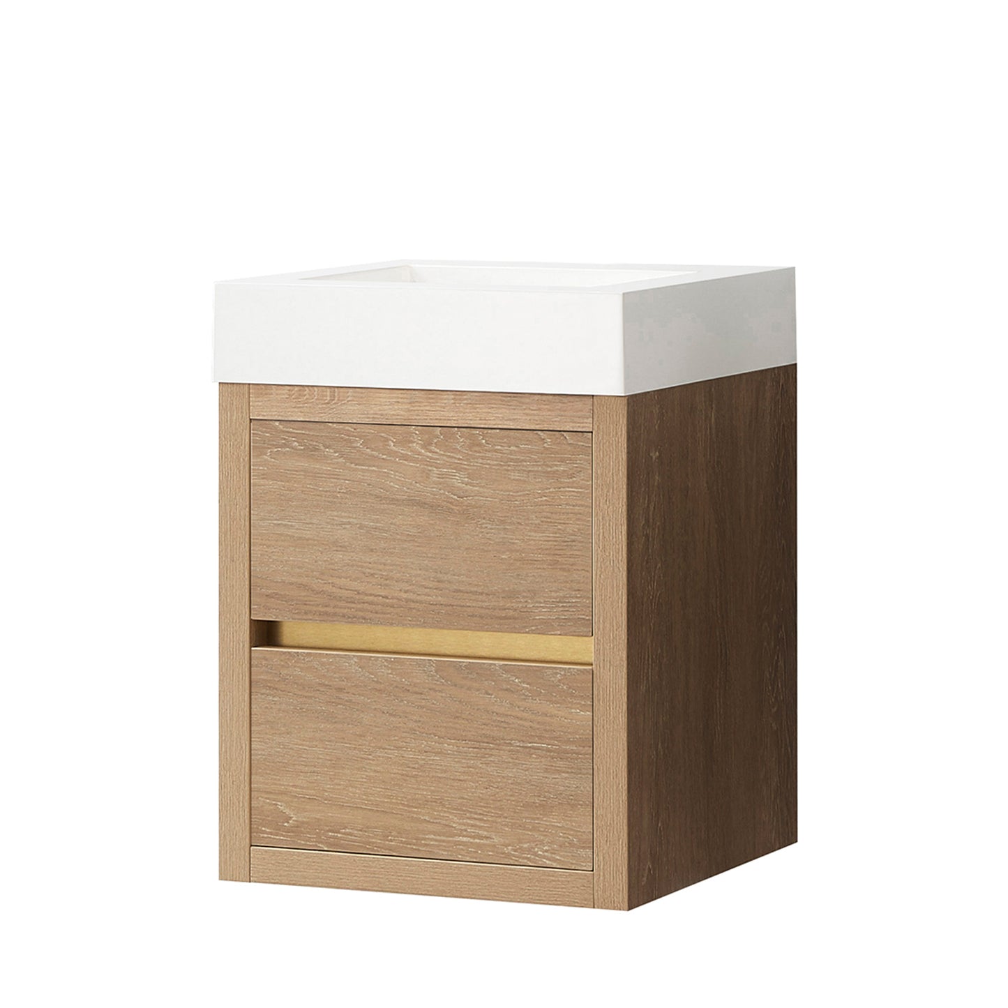 Vinnova, Palencia 18" Single Sink Wall-Mount Bath Vanity in North American Oak with White Composite Integral Square Sink Top