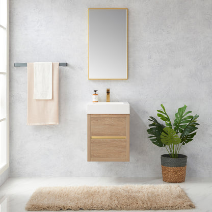Vinnova, Palencia 18" Single Sink Wall-Mount Bath Vanity in North American Oak with White Composite Integral Square Sink Top and Mirror