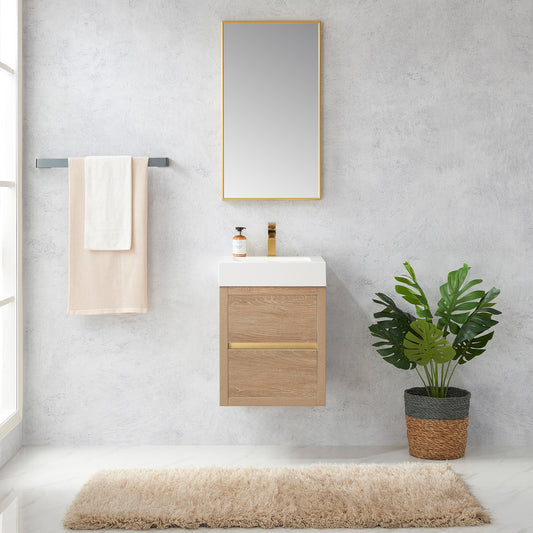Vinnova, Palencia 18" Single Sink Wall-Mount Bath Vanity in North American Oak with White Composite Integral Square Sink Top and Mirror