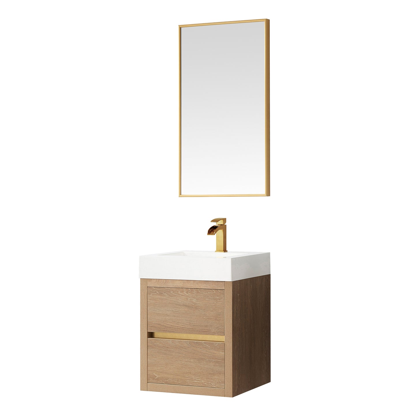 Vinnova, Palencia 18" Single Sink Wall-Mount Bath Vanity in North American Oak with White Composite Integral Square Sink Top and Mirror