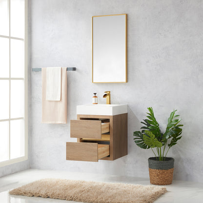 Vinnova, Palencia 18" Single Sink Wall-Mount Bath Vanity in North American Oak with White Composite Integral Square Sink Top and Mirror