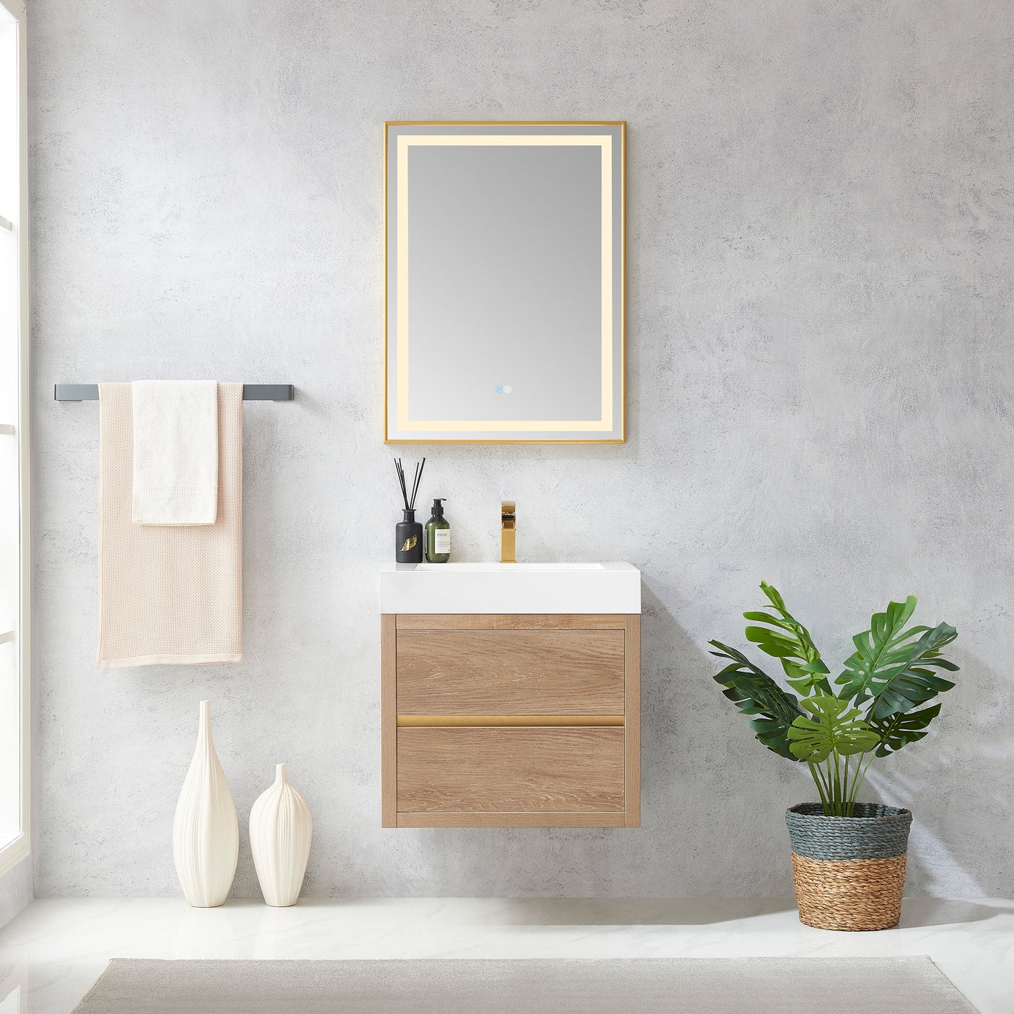 Vinnova, Palencia 24" Single Sink Wall-Mount Bath Vanity in North American Oak with White Composite Integral Square Sink Top