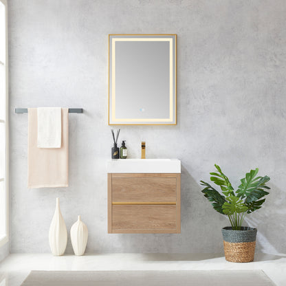 Vinnova, Palencia 24" Single Sink Wall-Mount Bath Vanity in North American Oak with White Composite Integral Square Sink Top