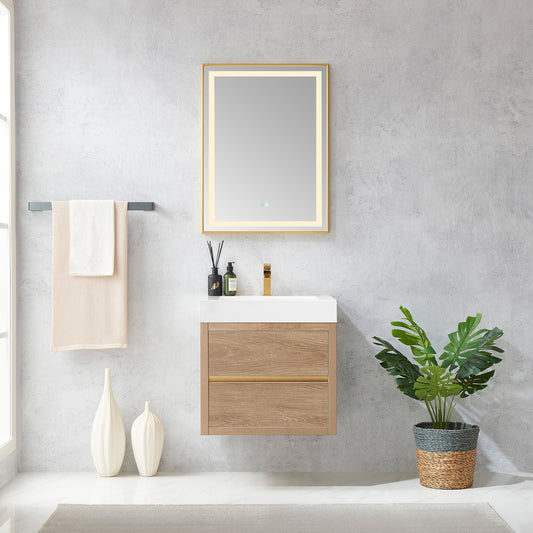 Vinnova, Palencia 24" Single Sink Wall-Mount Bath Vanity in North American Oak with White Composite Integral Square Sink Top