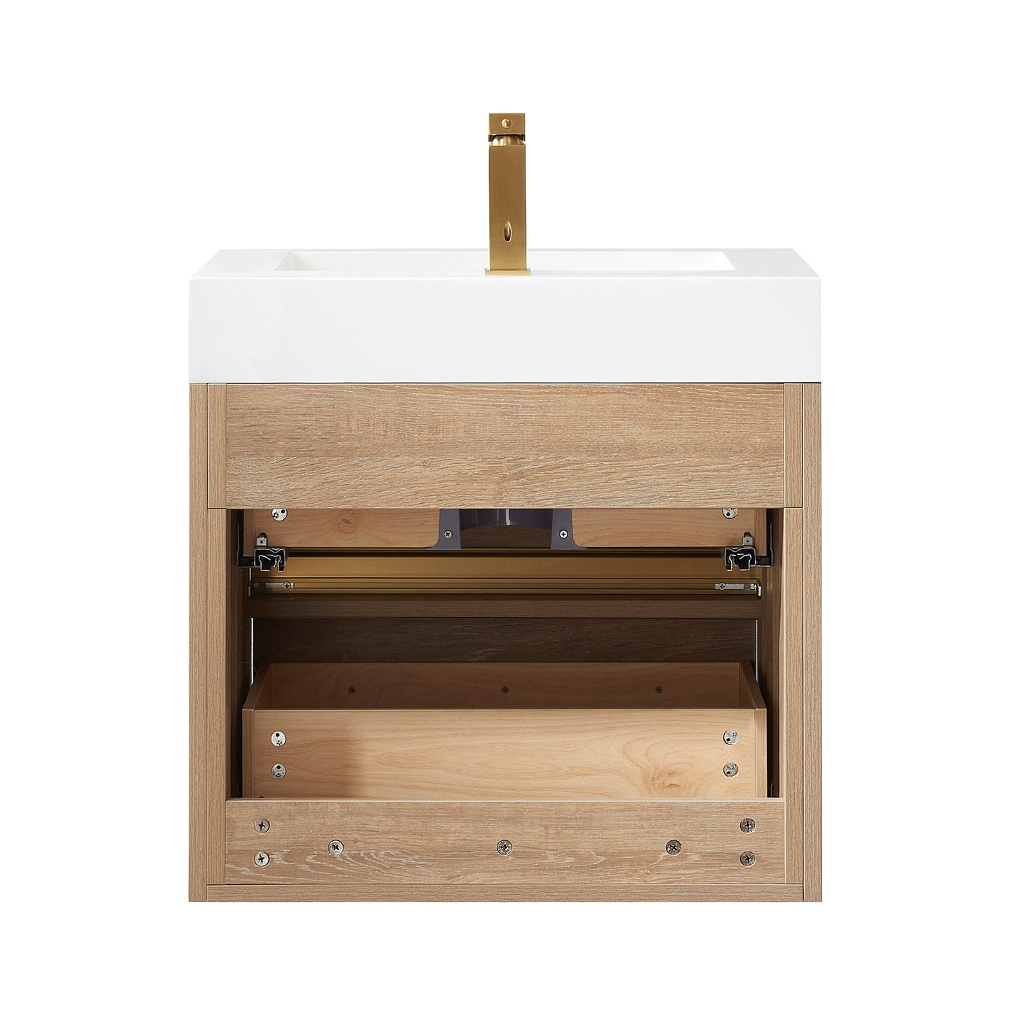 Vinnova, Palencia 24" Single Sink Wall-Mount Bath Vanity in North American Oak with White Composite Integral Square Sink Top