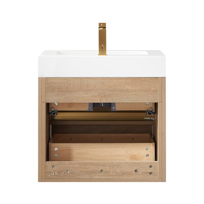 Vinnova, Palencia 24" Single Sink Wall-Mount Bath Vanity in North American Oak with White Composite Integral Square Sink Top