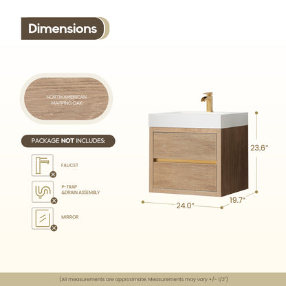 Vinnova, Palencia 24" Single Sink Wall-Mount Bath Vanity in North American Oak with White Composite Integral Square Sink Top