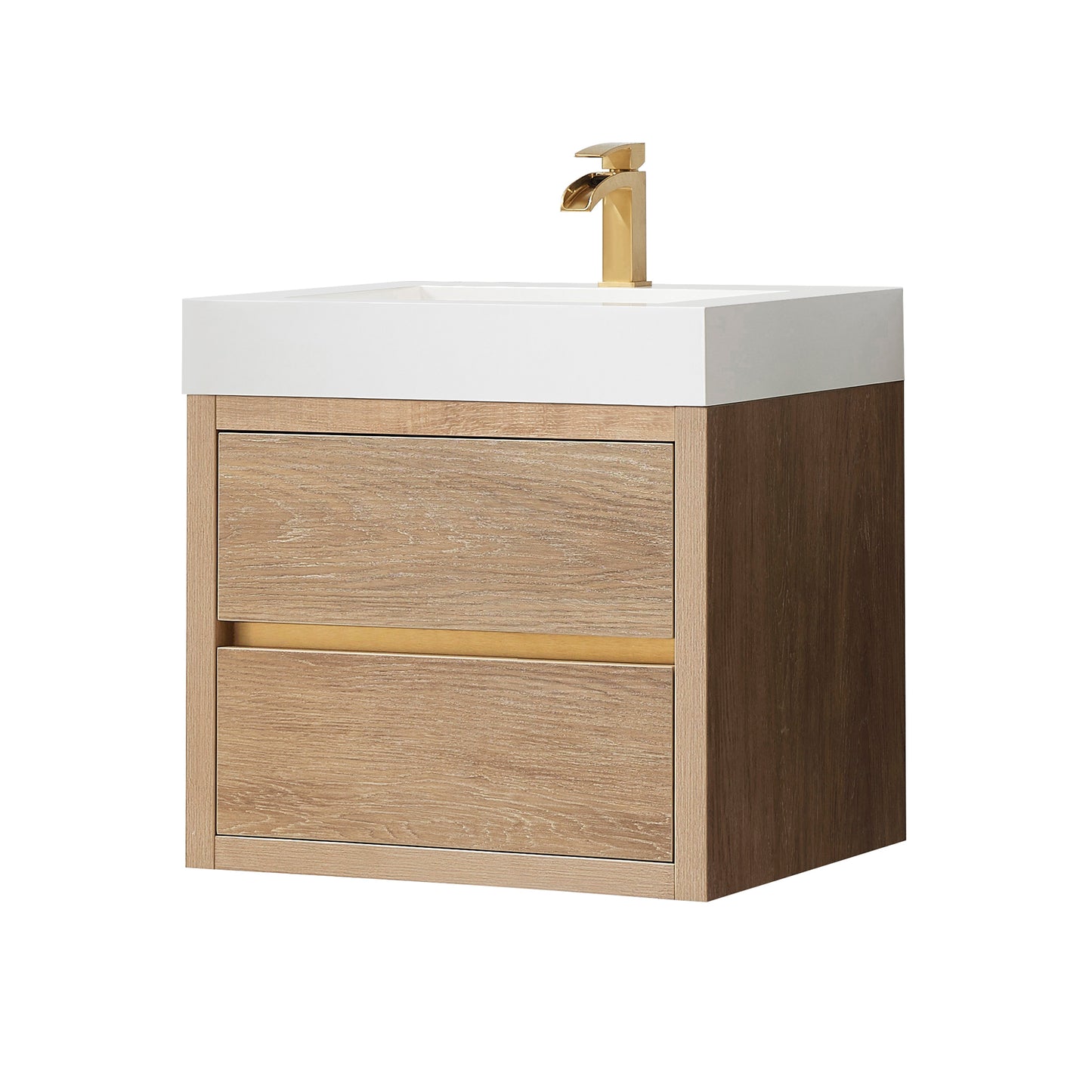 Vinnova, Palencia 24" Single Sink Wall-Mount Bath Vanity in North American Oak with White Composite Integral Square Sink Top