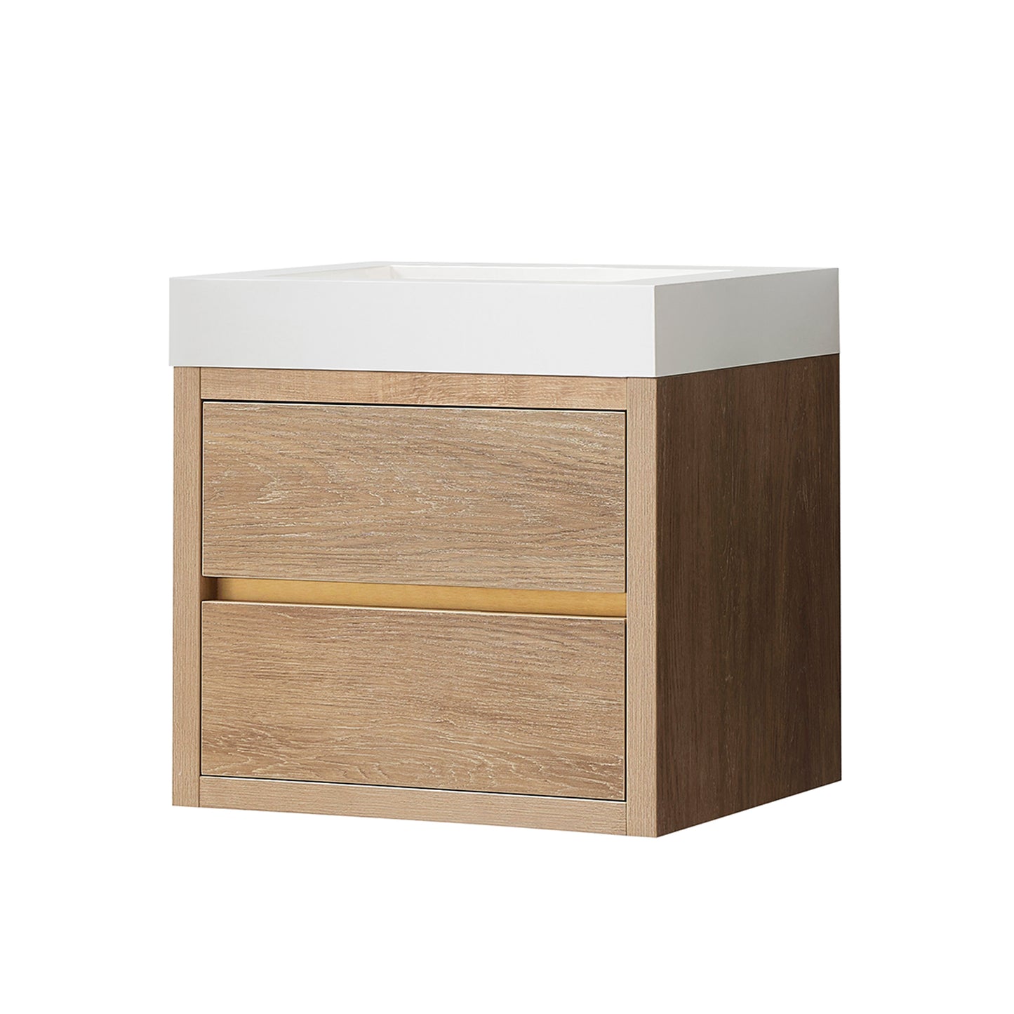 Vinnova, Palencia 24" Single Sink Wall-Mount Bath Vanity in North American Oak with White Composite Integral Square Sink Top