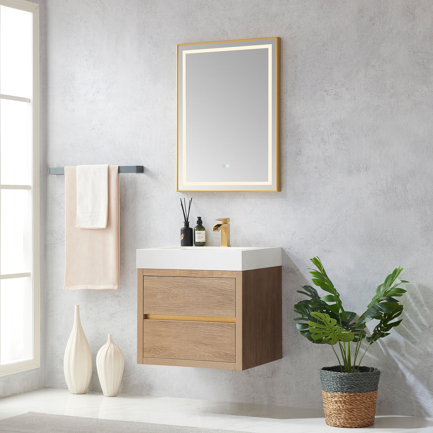 Vinnova, Palencia 24" Single Sink Wall-Mount Bath Vanity in North American Oak with White Composite Integral Square Sink Top