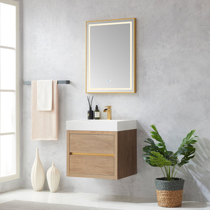 Vinnova, Palencia 24" Single Sink Wall-Mount Bath Vanity in North American Oak with White Composite Integral Square Sink Top