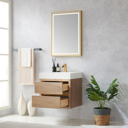 Vinnova, Palencia 24" Single Sink Wall-Mount Bath Vanity in North American Oak with White Composite Integral Square Sink Top