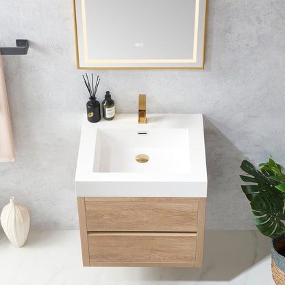 Vinnova, Palencia 24" Single Sink Wall-Mount Bath Vanity in North American Oak with White Composite Integral Square Sink Top