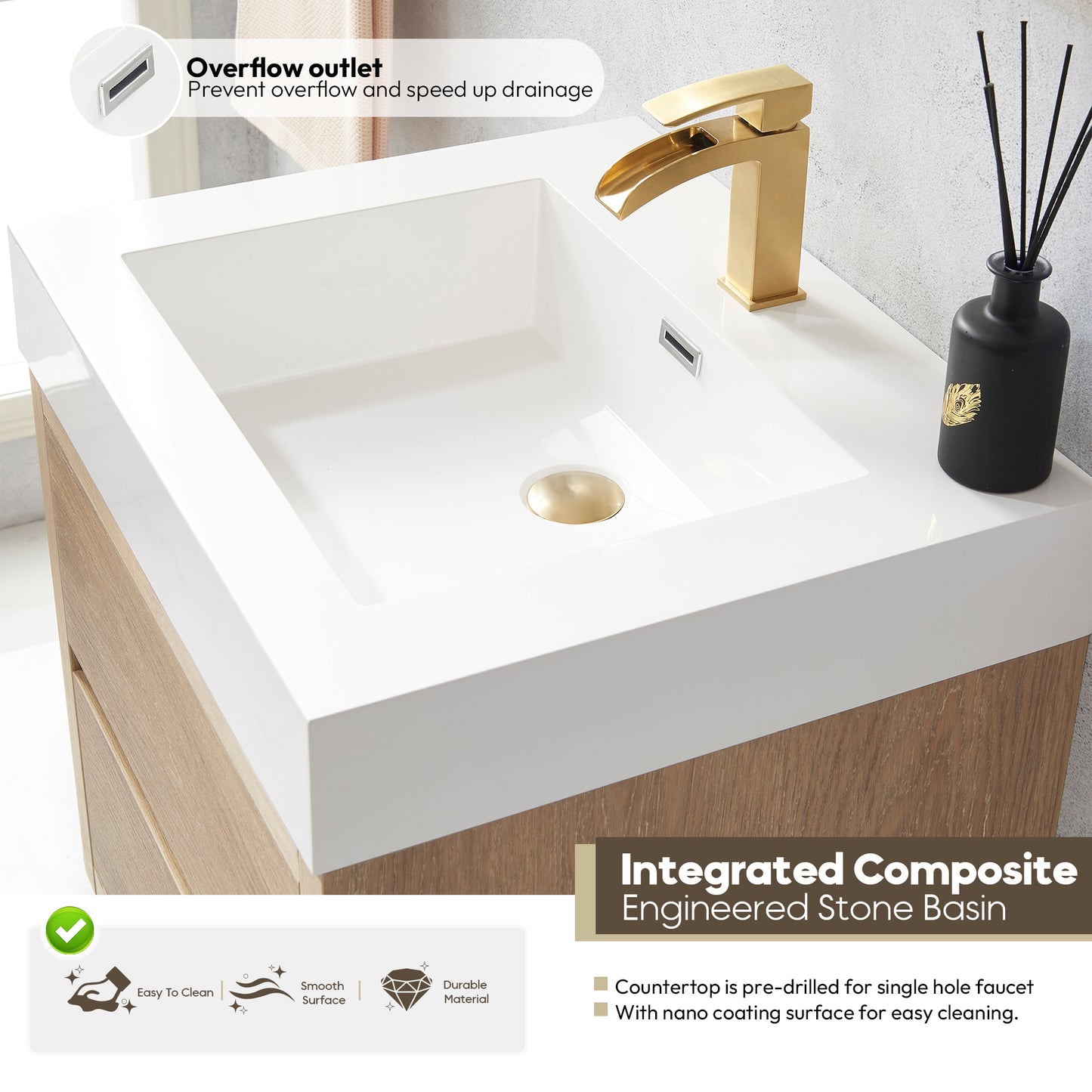 Vinnova, Palencia 24" Single Sink Wall-Mount Bath Vanity in North American Oak with White Composite Integral Square Sink Top