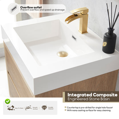 Vinnova, Palencia 24" Single Sink Wall-Mount Bath Vanity in North American Oak with White Composite Integral Square Sink Top