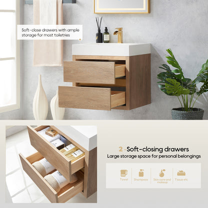 Vinnova, Palencia 24" Single Sink Wall-Mount Bath Vanity in North American Oak with White Composite Integral Square Sink Top