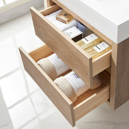 Vinnova, Palencia 24" Single Sink Wall-Mount Bath Vanity in North American Oak with White Composite Integral Square Sink Top