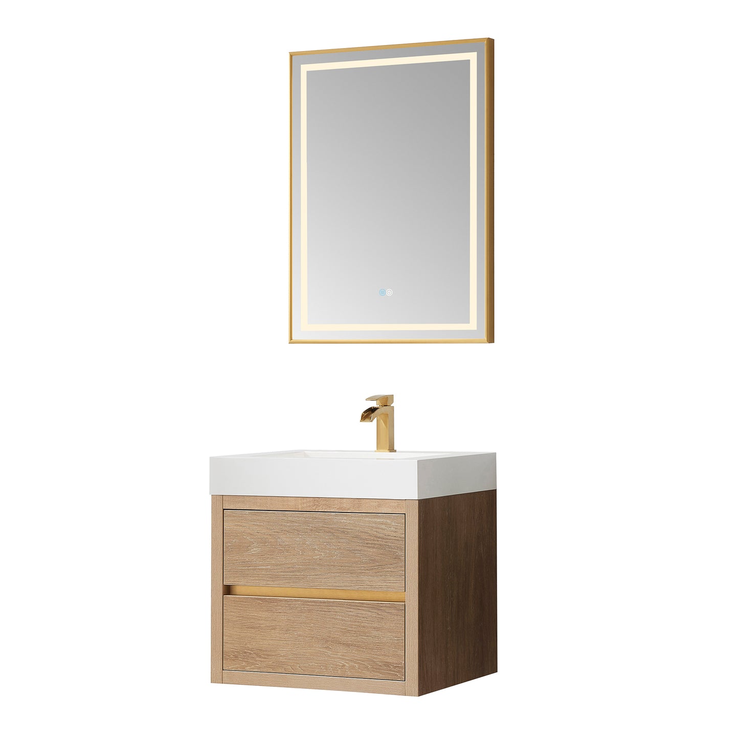 Vinnova, Palencia 24" Single Sink Wall-Mount Bath Vanity in North American Oak with White Composite Integral Square Sink Top and Mirror