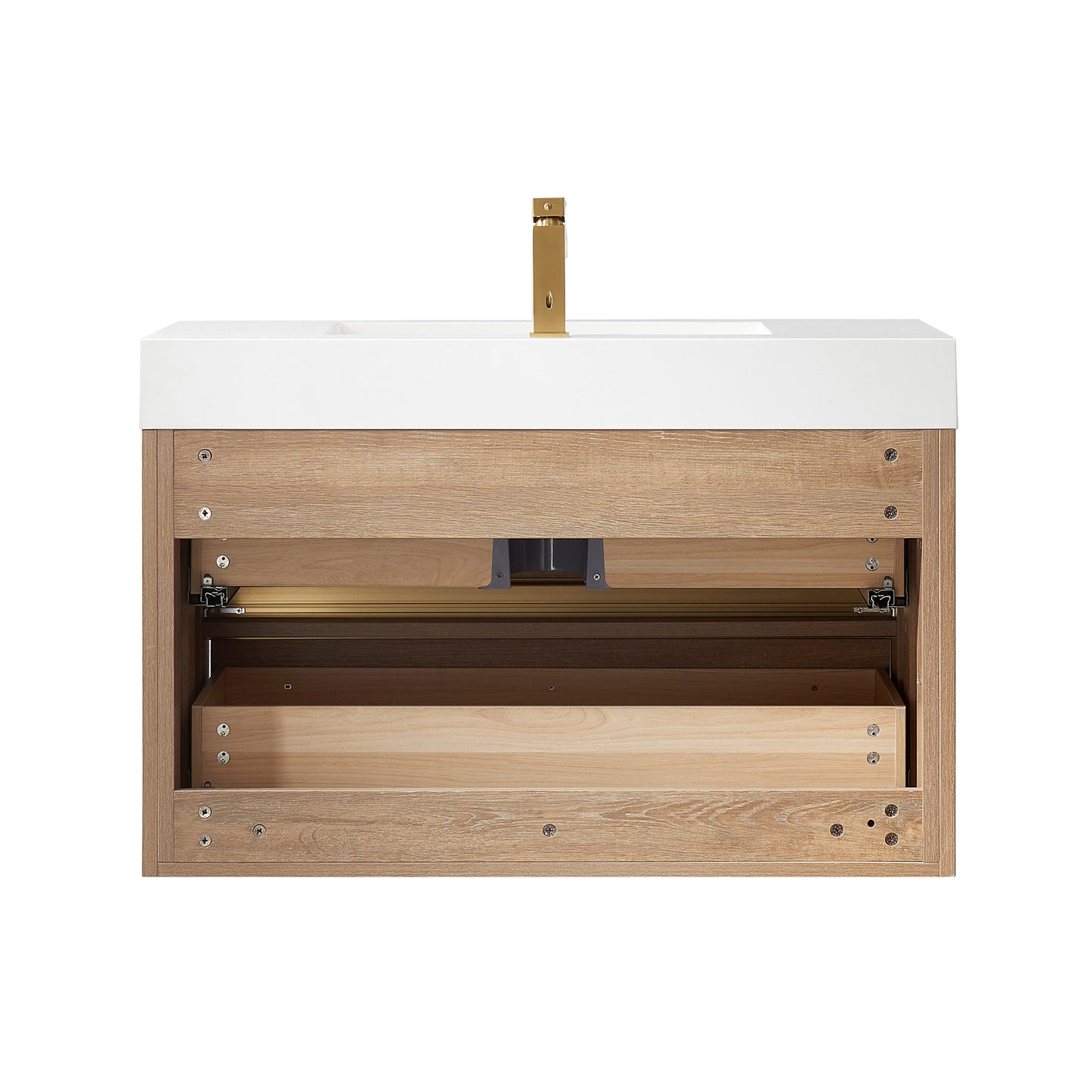 Vinnova, Palencia 36" Single Sink Wall-Mount Bath Vanity in North American Oak with White Composite Integral Square Sink Top
