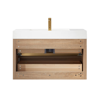 Vinnova, Palencia 36" Single Sink Wall-Mount Bath Vanity in North American Oak with White Composite Integral Square Sink Top