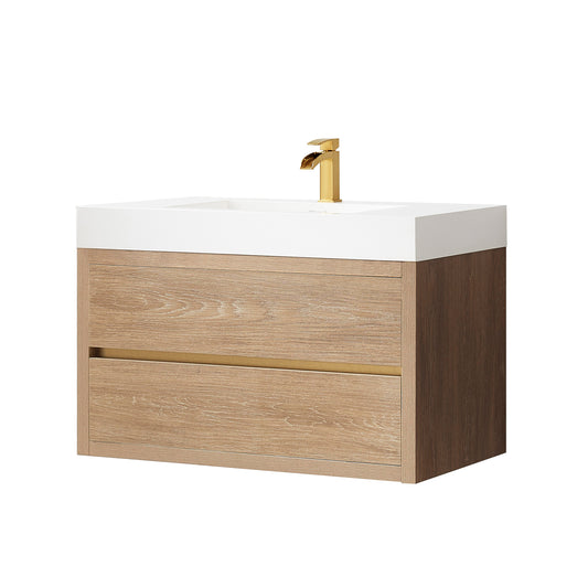 Vinnova, Palencia 36" Single Sink Wall-Mount Bath Vanity in North American Oak with White Composite Integral Square Sink Top