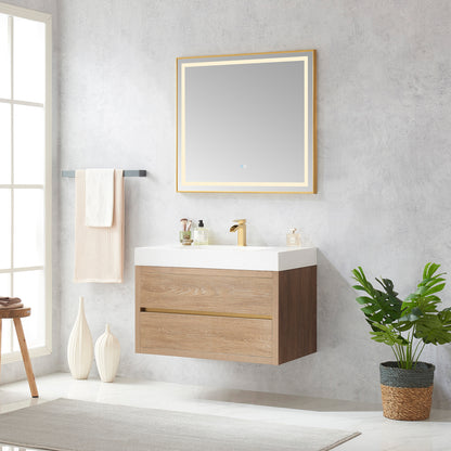 Vinnova, Palencia 36" Single Sink Wall-Mount Bath Vanity in North American Oak with White Composite Integral Square Sink Top