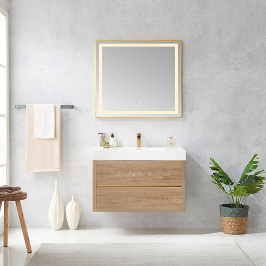 Vinnova, Palencia 36" Single Sink Wall-Mount Bath Vanity in North American Oak with White Composite Integral Square Sink Top and Mirror
