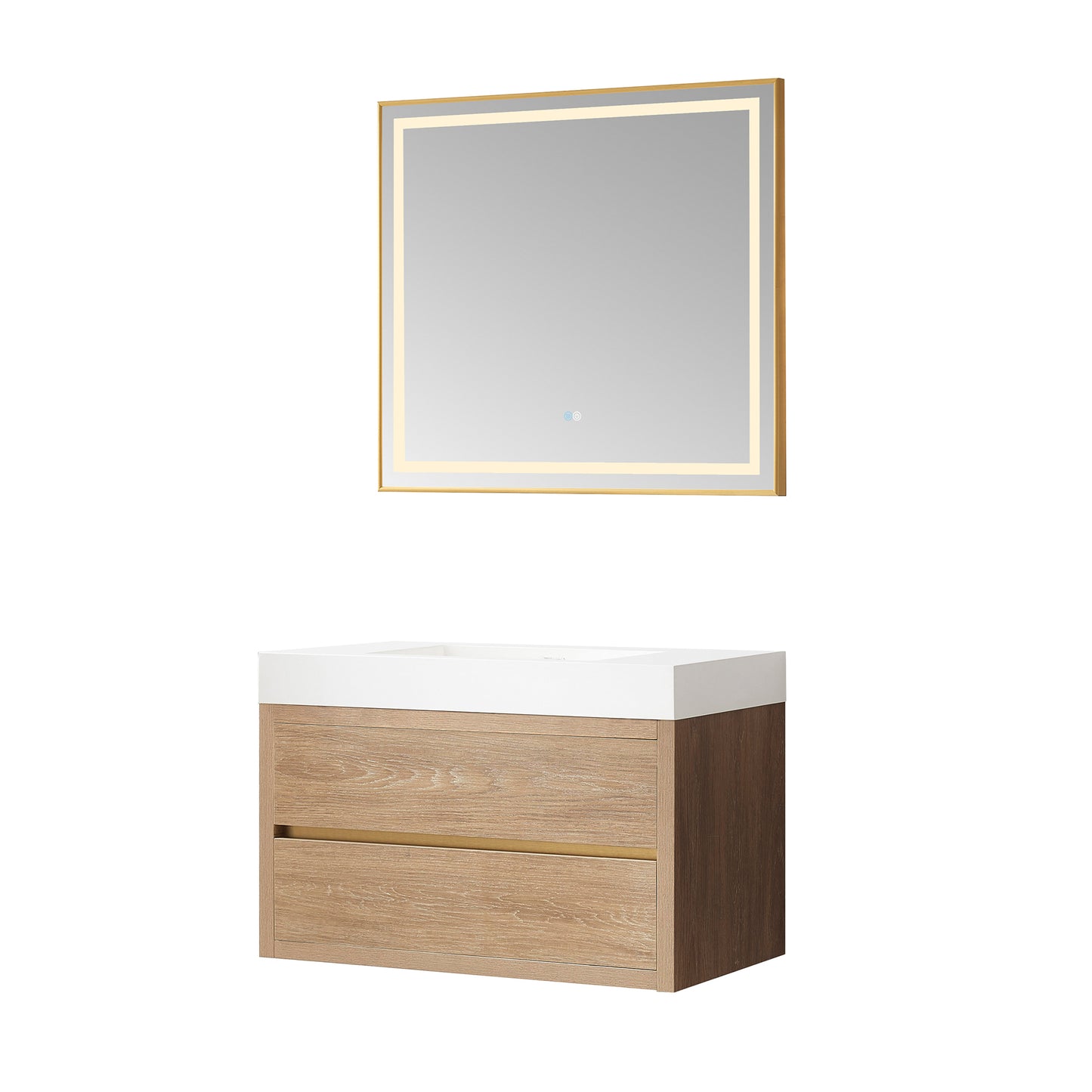 Vinnova, Palencia 36" Single Sink Wall-Mount Bath Vanity in North American Oak with White Composite Integral Square Sink Top and Mirror