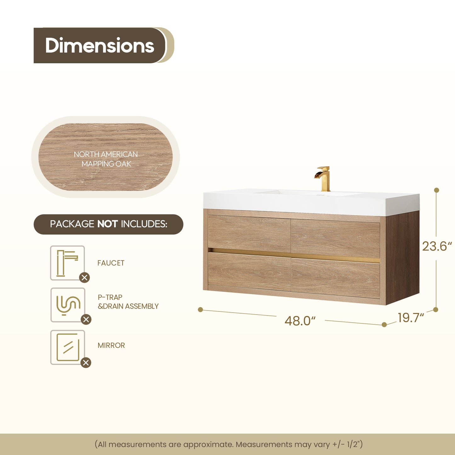 Vinnova, Palencia 48" Single Sink Wall-Mount Bath Vanity in North American Oak with White Composite Integral Square Sink Top