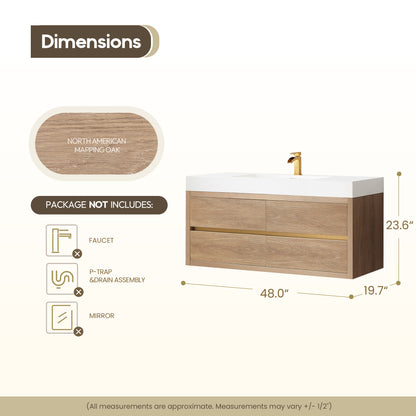 Vinnova, Palencia 48" Single Sink Wall-Mount Bath Vanity in North American Oak with White Composite Integral Square Sink Top