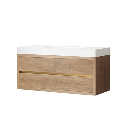 Vinnova, Palencia 48" Single Sink Wall-Mount Bath Vanity in North American Oak with White Composite Integral Square Sink Top
