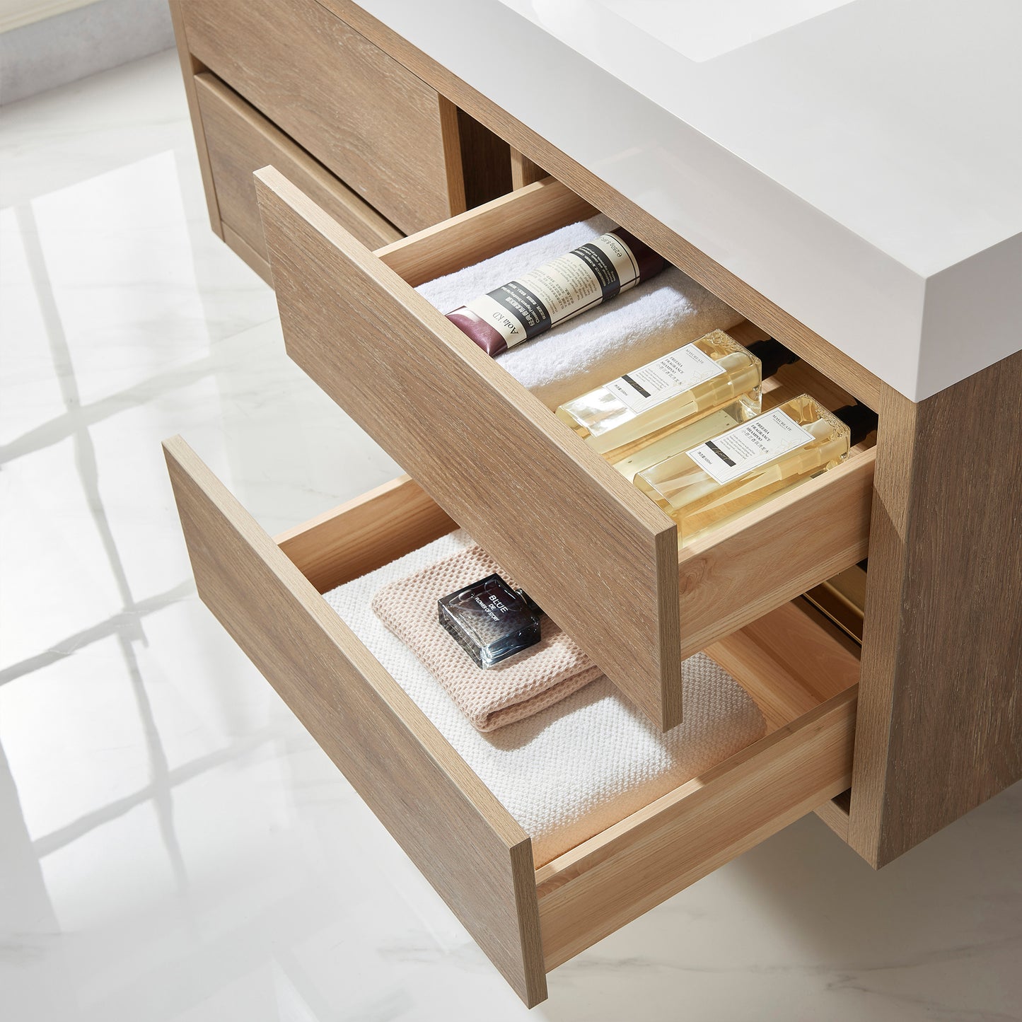 Vinnova, Palencia 48" Single Sink Wall-Mount Bath Vanity in North American Oak with White Composite Integral Square Sink Top and Mirror