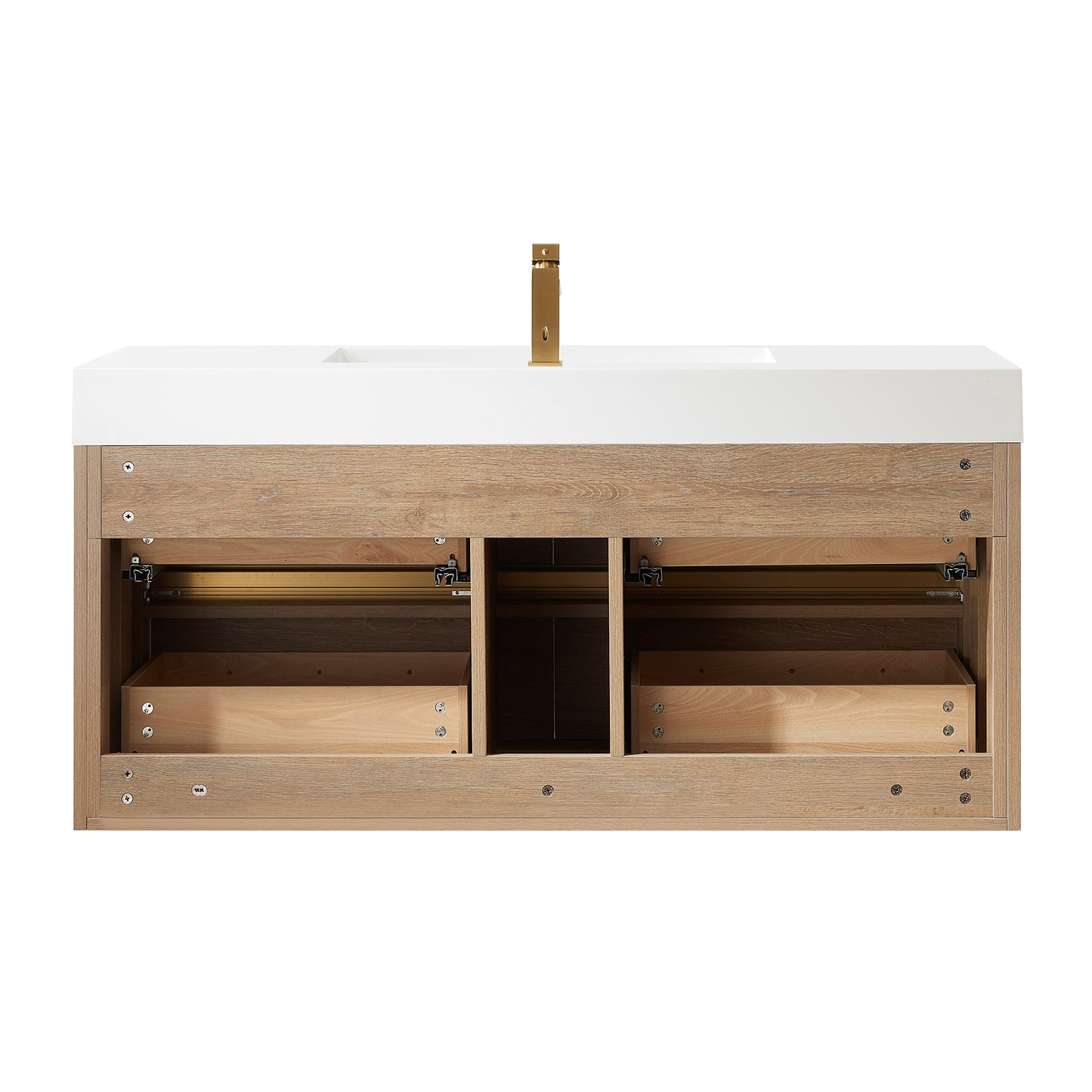 Vinnova, Palencia 48" Single Sink Wall-Mount Bath Vanity in North American Oak with White Composite Integral Square Sink Top and Mirror