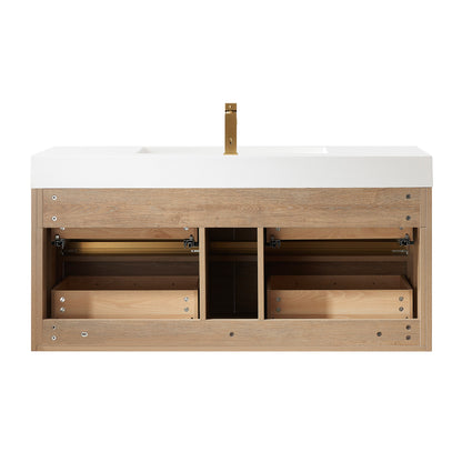 Vinnova, Palencia 48" Single Sink Wall-Mount Bath Vanity in North American Oak with White Composite Integral Square Sink Top and Mirror