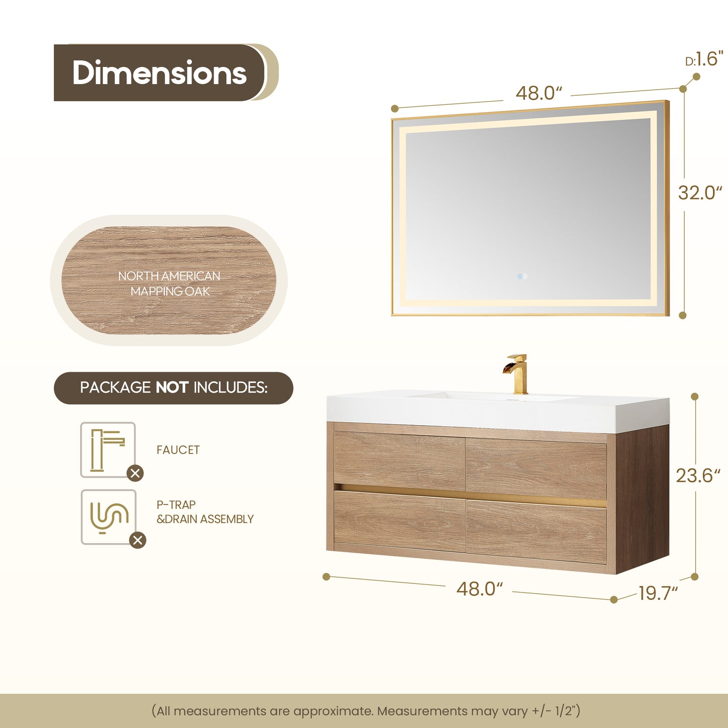 Vinnova, Palencia 48" Single Sink Wall-Mount Bath Vanity in North American Oak with White Composite Integral Square Sink Top and Mirror