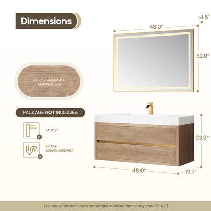 Vinnova, Palencia 48" Single Sink Wall-Mount Bath Vanity in North American Oak with White Composite Integral Square Sink Top and Mirror