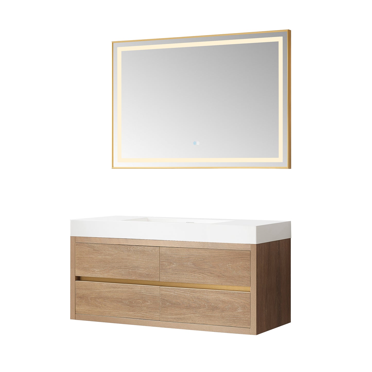 Vinnova, Palencia 48" Single Sink Wall-Mount Bath Vanity in North American Oak with White Composite Integral Square Sink Top and Mirror