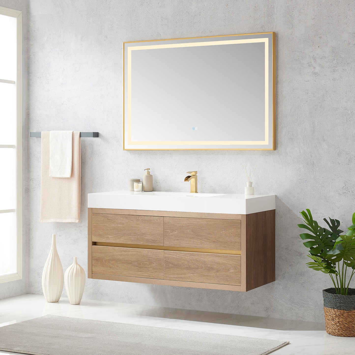 Vinnova, Palencia 48" Single Sink Wall-Mount Bath Vanity in North American Oak with White Composite Integral Square Sink Top and Mirror