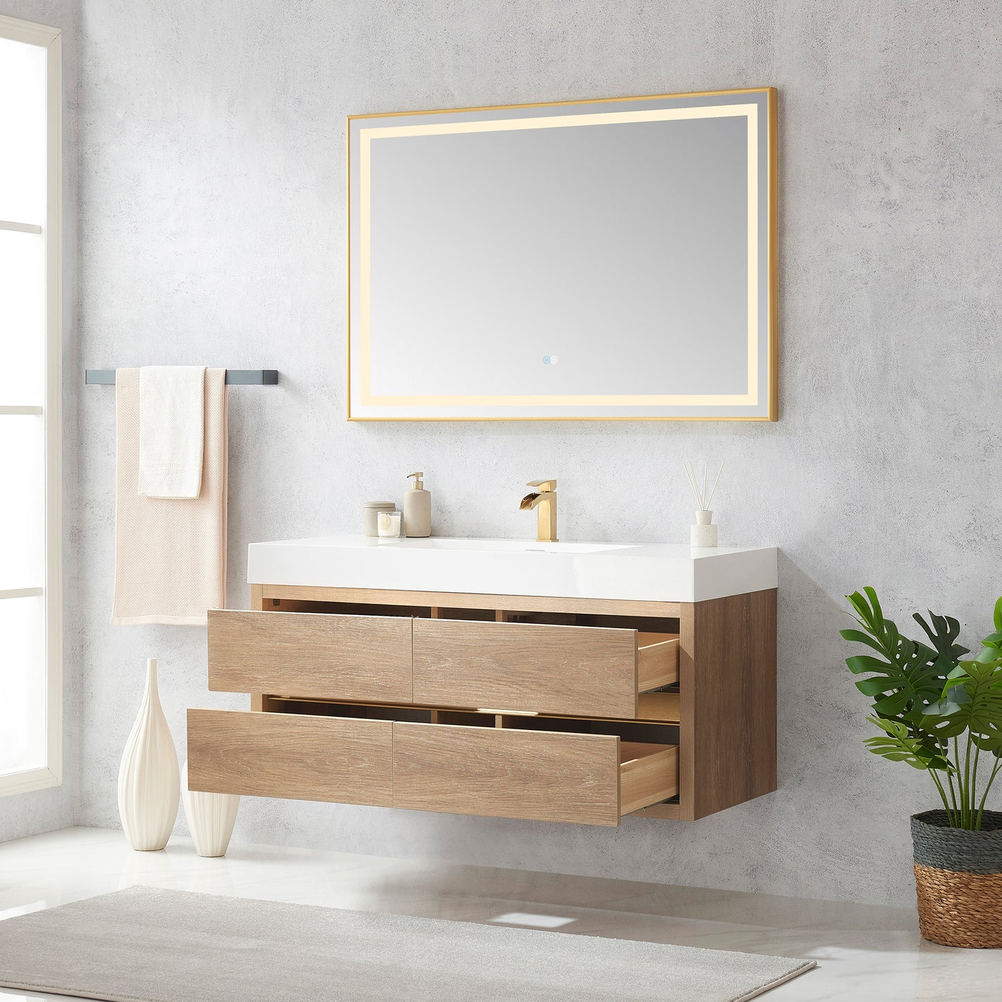 Vinnova, Palencia 48" Single Sink Wall-Mount Bath Vanity in North American Oak with White Composite Integral Square Sink Top and Mirror