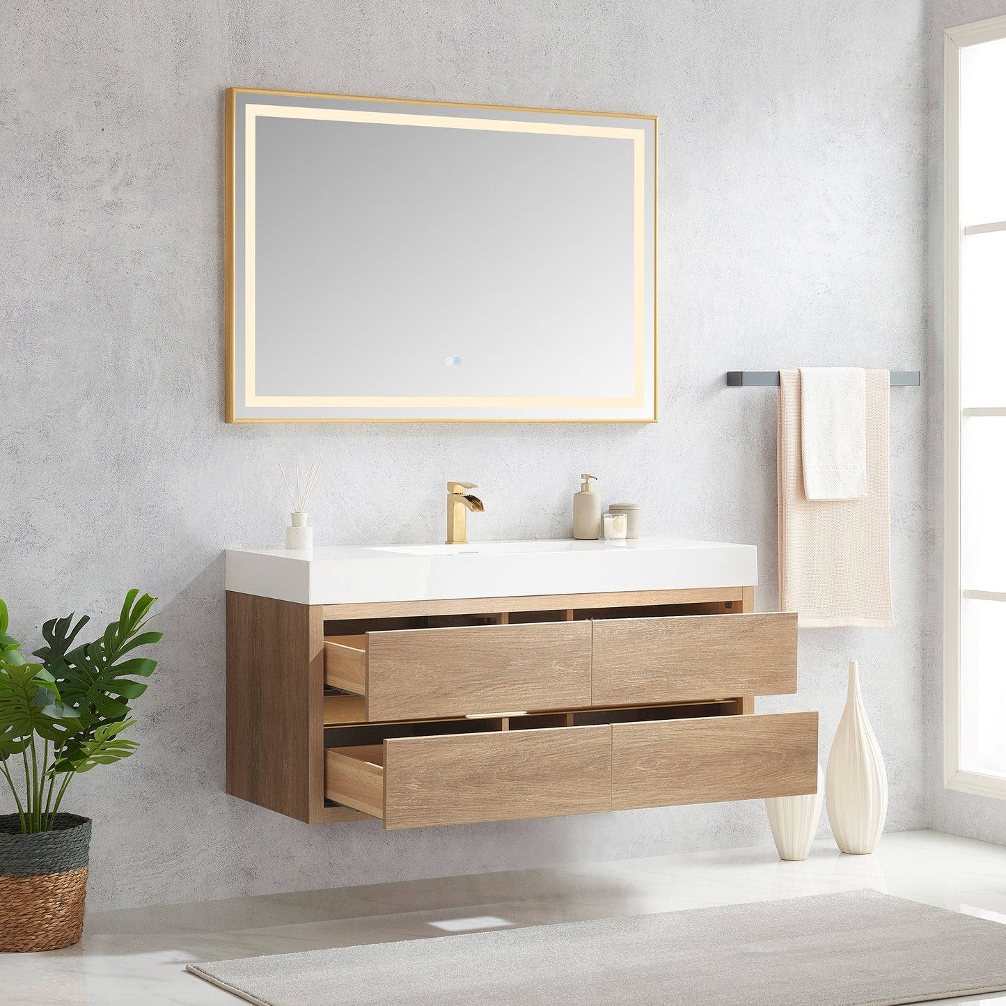 Vinnova, Palencia 48" Single Sink Wall-Mount Bath Vanity in North American Oak with White Composite Integral Square Sink Top and Mirror