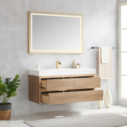 Vinnova, Palencia 48" Single Sink Wall-Mount Bath Vanity in North American Oak with White Composite Integral Square Sink Top and Mirror