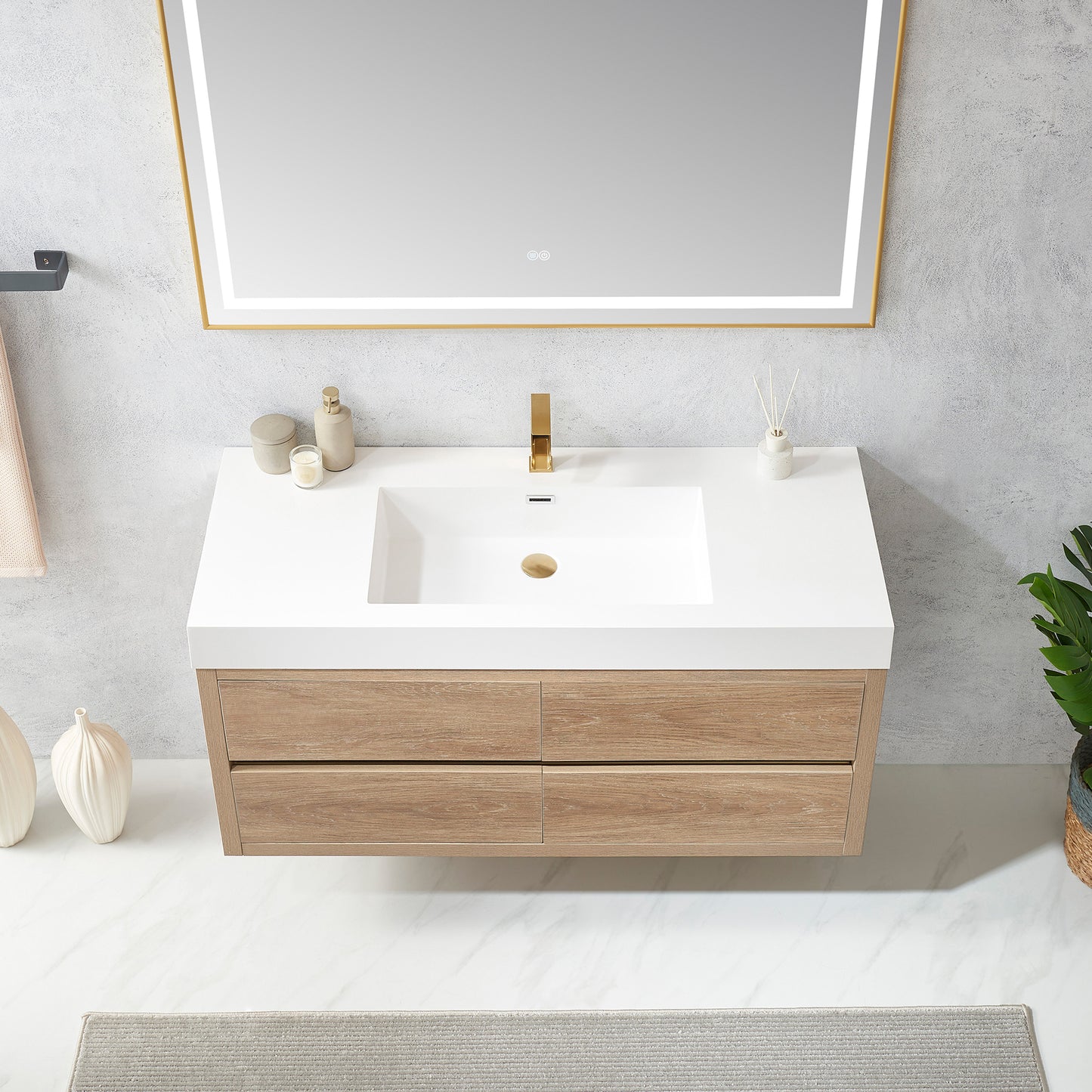 Vinnova, Palencia 48" Single Sink Wall-Mount Bath Vanity in North American Oak with White Composite Integral Square Sink Top and Mirror